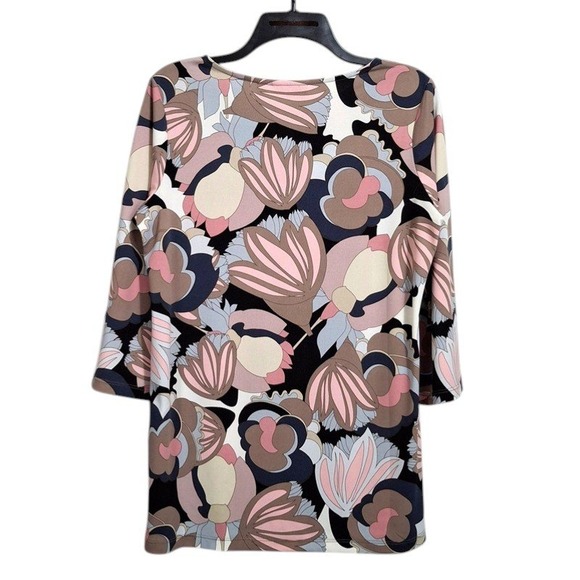 Susan Graver Top Women S Beige Blue Keyhole Neck 3/4 Sleeve Liquid Knit Tunic - Picture 3 of 13